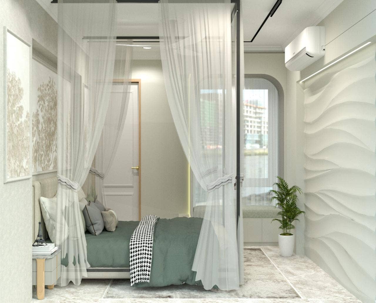 Luxury bedroom interior with upholstered headboard and concealed lighting