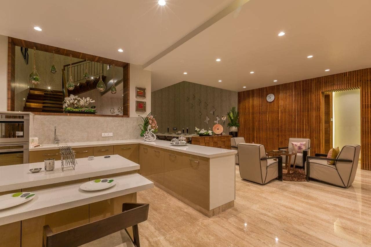 Open-plan kitchen with island counter and custom joinery